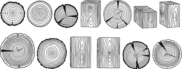 Hand-drawn wood log slices and timber block illustrations, detailed tree rings, rustic forest lumber elements for nature designs, carpentry, woodworking projects © MDALRAFIN