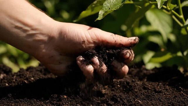 A person&rsquo;s hand wearing a transparent, skin-like smart patch (health tracker) while gardening, dirt on hands, sunlight filtering through leaves, authentic and raw
