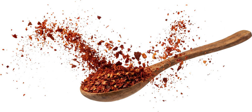 Spiced Red Pepper Flakes On Wooden Spoon. Transparent Background, PNG Style