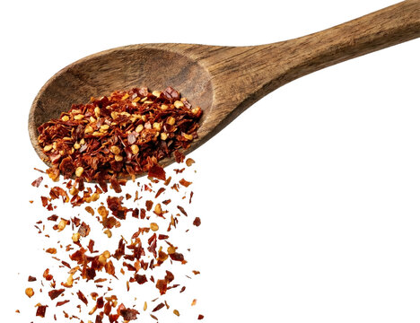 Dried chili flakes on wooden spoon. Transparent Background, PNG Style