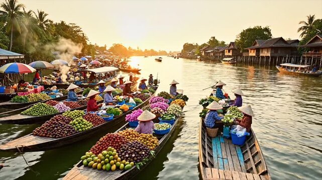 Bustling Southeast Asia Floating Market at Sunset, Boats Full of Exotic Tropical Fruits, Traditional River Commerce Scene 4k video animation seamless loop