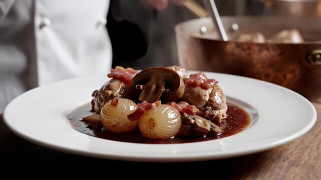 Chef plates classic coq au vin with onions and mushrooms