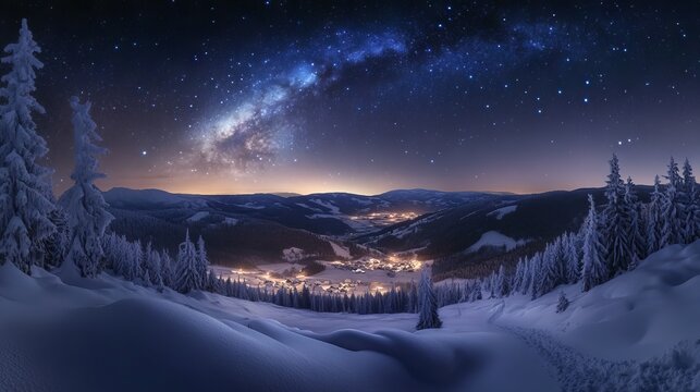 Stunning winter astrophotography of Milky Way galaxy stretching across Carpathian mountain range, snow-laden coniferous forests dotting hillsides, starlight casting blue shadows across virgin snow