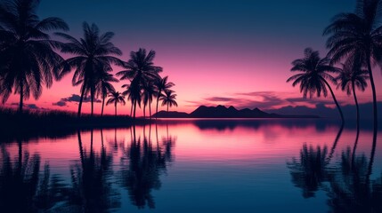 Obraz premium Moody tropical twilight scene with perfect silhouettes of palm trees outlined against gradient sky from neon pink to deep indigo, calm lagoon water creating mirror reflections of trees and sky,