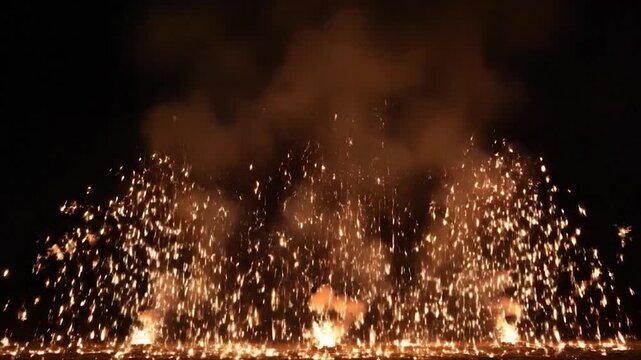 Pyrotechnic display featuring three columns of glittering sparks erupting against a dark background