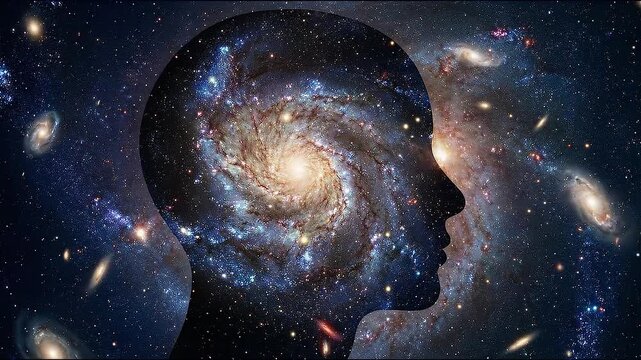 Captivating human head silhouette, profound abstract mind concept. Expanding universe filled with swirling galaxies and shimmering stars, evoking wonder of limitless space and cosmos