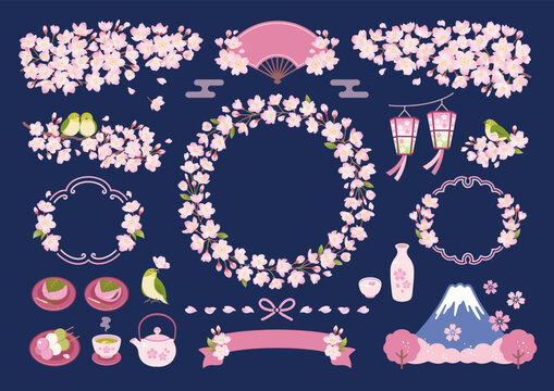 夜桜の和風フレームとあしらいイラストセット