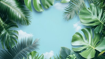 Minimalist nature layout featuring diverse green foliage textures from rainforest plants, delicate maple leaves and tropical palm fronds organized in circular pattern around empty sky blue and cloud