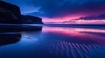 Haunting twilight photography of Scotland's most remote beach, Sandwood Bay, with sweeping unspoiled shoreline, low angle shot capturing wet sand reflecting deep blue and magenta sky, towering cliffs