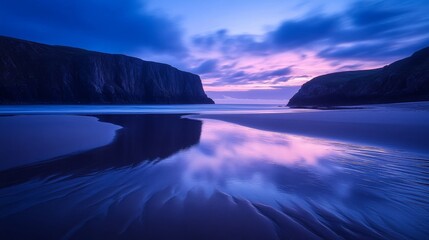 Haunting twilight photography of Scotland's most remote beach, Sandwood Bay, with sweeping unspoiled shoreline, low angle shot capturing wet sand reflecting deep blue and magenta sky, towering cliffs