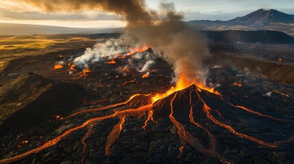 Crystal-clear aerial perspective of Litli-Hr&Atilde;&ordm;tur volcanic eruption captured at first light, molten lava bursting from multiple fissures across black volcanic field, morning light creating dramatic