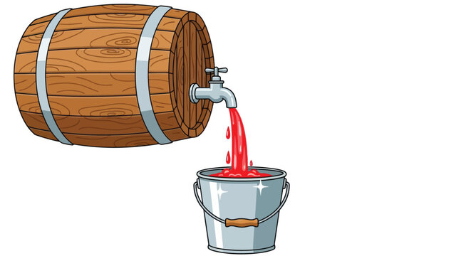 A wooden barrel dispensing red liquid into a silver bucket