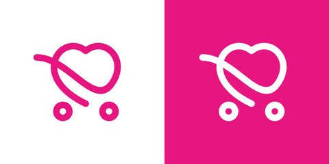 Dual meaning logo combining love and a shopping trolley, symbolizing care, satisfaction, positive shopping experience, and customer-focused retail values.