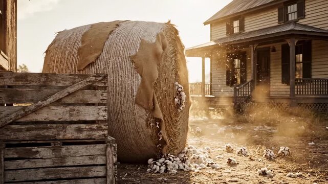 baled cotton. A rustic farm scene featuring a large cotton bale near a weathered wooden crate, illuminated by warm sunlight, with flecks of cotton scattered, evoking a nostalgic vibe