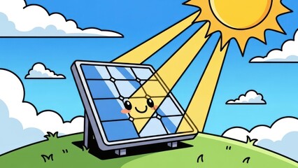 Cartoon illustration showcasing a smiling solar panel bathed in sunshine on a grassy hill