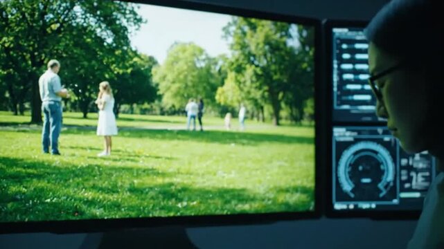 Digital Artist Erasing Child from Family Photo on Computer Screen with Stylus Pen.