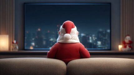 Fototapeta premium Santa Claus from the Back on Couch Watching TV in a Cozy Living Room with City Lights in the Background