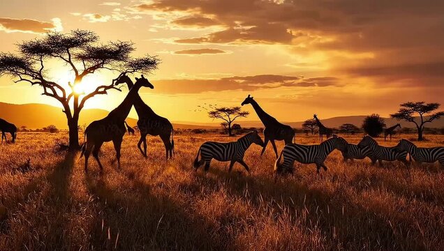 Serene savannah landscape with giraffes and zebras at sunset with trees and mountains in background