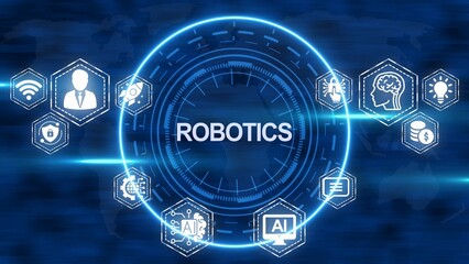 Fototapeta premium Robotics Concept with Futuristic Technology Icons and World Map Background automation artificial intelligence