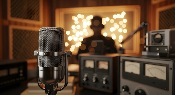 Vintage Broadcast Environment with Blurred Silhouette