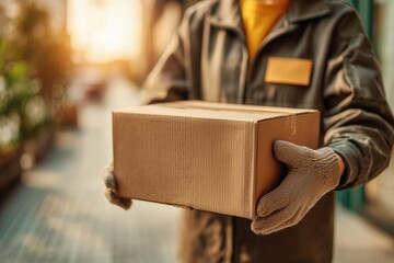 Fototapeta premium Delivery Person Holding Brown Package in Hands at Sunset on City Street