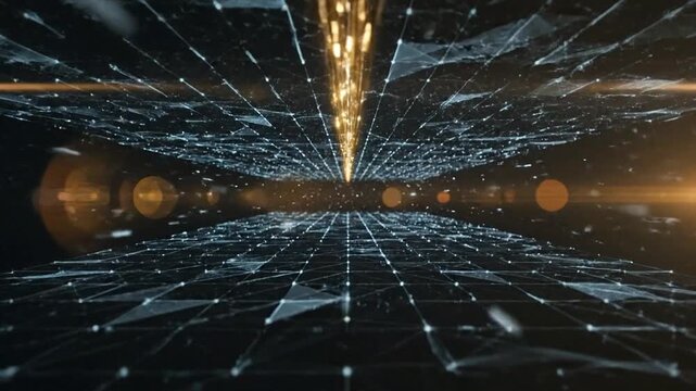A three-dimensional leader stands at the forefront of a futuristic network, surrounded by glowing orbs and radiant lines, viewed from a futuristic perspective.