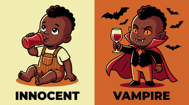 Innocent Baby vs. Vampire Child Transformation: Cartoon Duality of Black Boy, Cute Character Contrast for Halloween and Behavioral Concepts