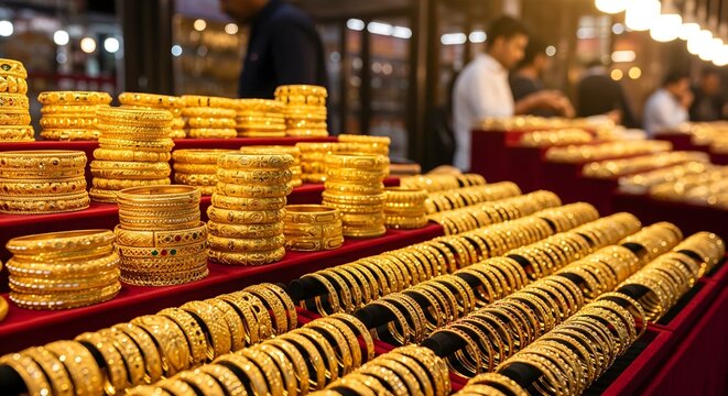 Gold bangles on display in a jewelry store with people shopping