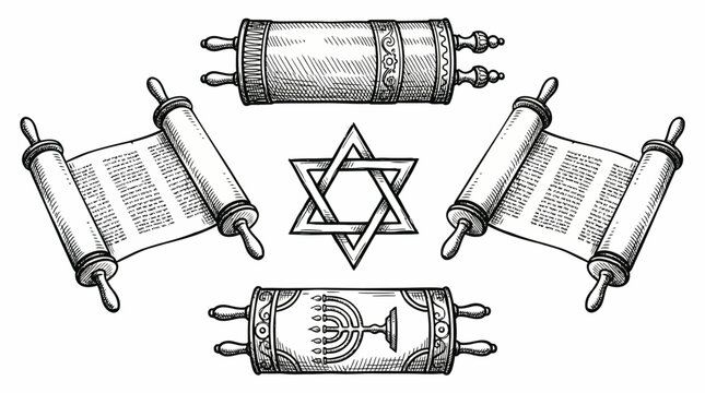 Hand Drawn Set of Jewish Symbols: Torah Scrolls, Star of David, and Menorah. Vintage Engraving Style Illustration.