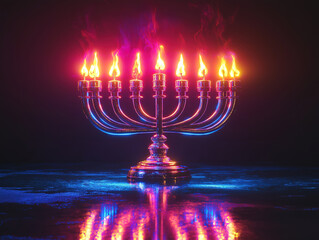 Fototapeta premium A High-Tech Neon Menorah Reflecting on a Smooth Black Surface