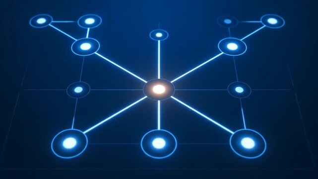A three-dimensional network visualization featuring a leader at the center, surrounded by interconnected nodes and lines, forming a complex web-like structure.