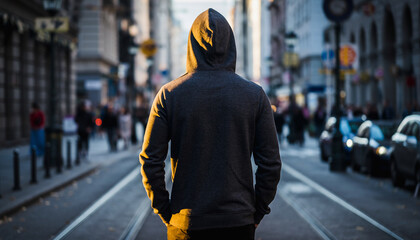 Fototapeta premium Urban street silhouette of hooded walker at midday.