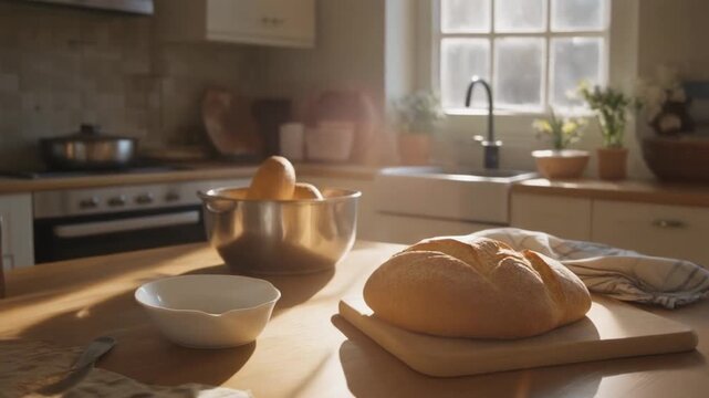 Warm kitchen counter with bread on cutting board and mixing bowls