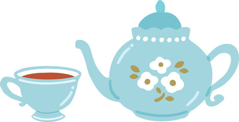 ティーポットとティーカップのかわいい手描きイラスト