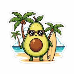Cute avocado character with sunglasses and surfboard on a tropical beach fun summer vacation concept cartoon illustration for design