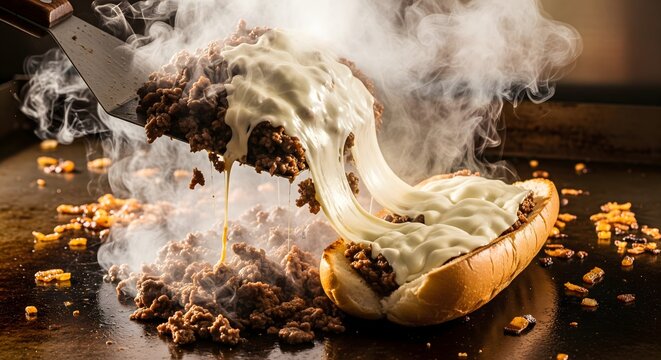 Philly Cheesesteak Being Assembled with Melted Cheese on Griddle