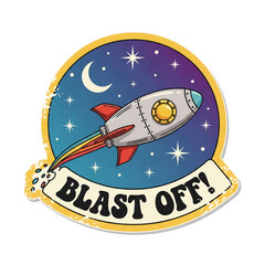 Distressed retro sticker featuring a cartoon rocket launching into a starry night sky symbolizing new beginnings success and adventure