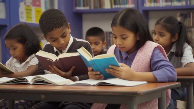 Children focused on reading books in a school library, immersed in the world of literature and learning