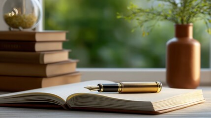 Elegant Fountain Pen Resting on an Open Book Surrounded by Nature and Books in a Serene Setting