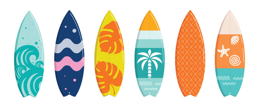 Surfboard summer element clipart set. Surfing board in colorful printed and pattern clip art for tropical season and beach sport activity summer element collection vector illustration.
