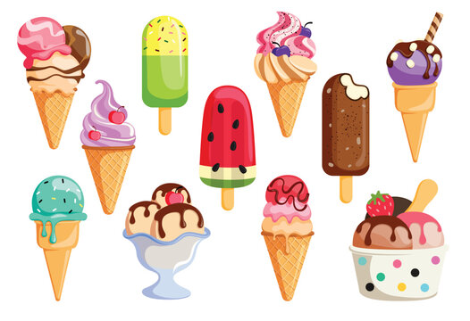 Ice Cream and popsicle colorful clipart set. Ice Cream and popsicle in waffle cone and cup with different flavor and toppings clip art for summer sweet and refreshing dessert collection vector 