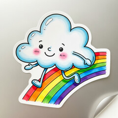 Cute cartoon cloud character running on a rainbow hand-drawn illustration for childrens books and weather-themed designs