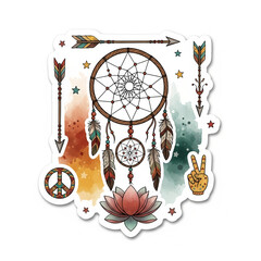 Bohemian dreamcatcher with feathers arrows lotus flower and peace symbol watercolor splash background spiritual and tribal art for boho decor