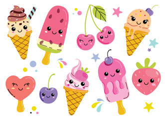Ice Cream kawaii clipart set. Ice Cream and Popsicle clip art in happy and cute faces cartoon character for summer and party sweet and delicious dessert vector illustration.
