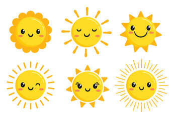 Sun with faces clipart set. Sun with faces clip art in cute and happy smile for summer Sun cartoon characters yellow and orange icon collection vector illustration.

