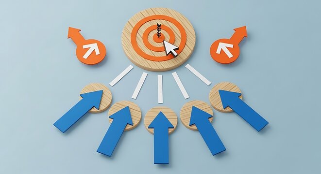 Central clock guiding multiple directional arrows representing time management and productivity