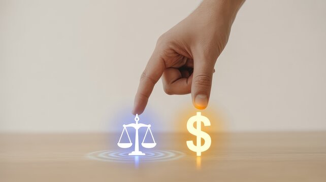 Male hand pointing to glowing justice scales symbol and holding a bright dollar sign icon on a smooth wooden table with a soft background