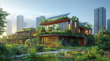Naklejka premium Modern Eco-Friendly Architecture with Green Roofs and Solar Panels in Urban Environment