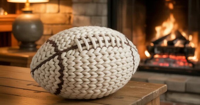 Cozy knitted baseball sitting by warm fireplace indoors