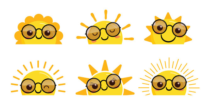 Half Sun with faces clipart set. Cool and cute half Sun faces wearing sunglasses clip art sunrise ad sunset drawing icon collection yellow Sun characters collection vector illustration.
